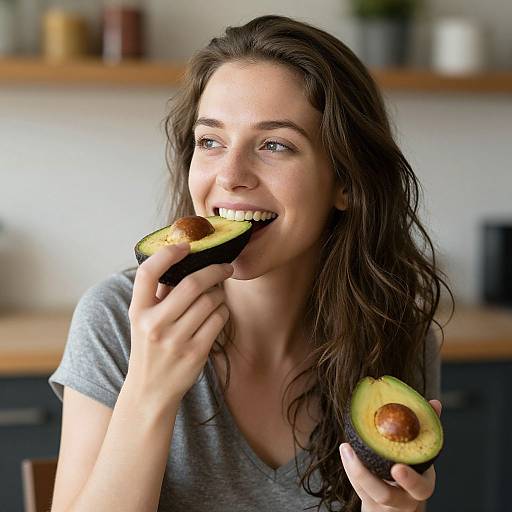 Photograph of a smiling young woman with wavy brown hair, wearing a gray V-neck shirt, eating half an avocado with a brown seed. Background