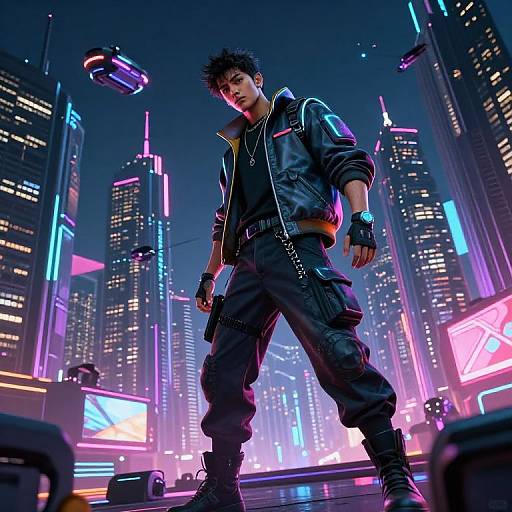 Cyberpunk cityscape at night. Young man with spiky black hair, black leather jacket, and cargo pants stands confidently, glowing neon lights and