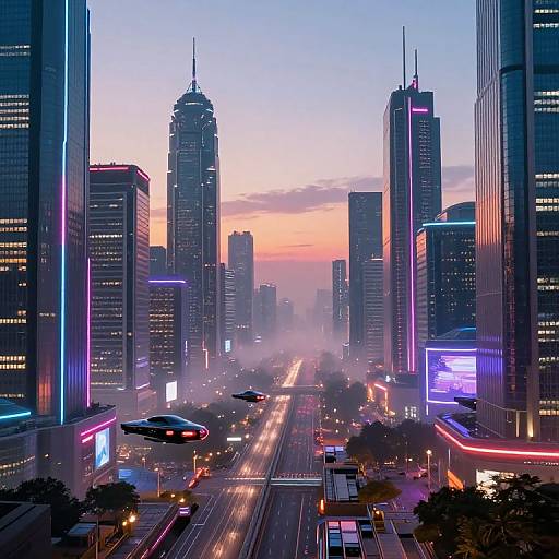 Futuristic cityscape at dusk, illuminated skyscrapers with neon lights, flying drone, city street with traffic, misty horizon, vibrant purple