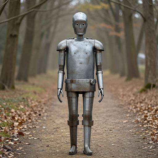 Photograph of a silver, humanoid robot standing on a leaf-covered forest path, surrounded by bare trees with autumn leaves.