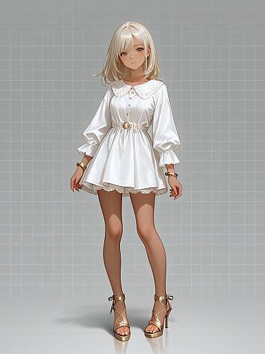 Digital anime-style drawing of a blonde girl in a white, long-sleeve, knee-length dress, gold accessories, and beige high heels, standing