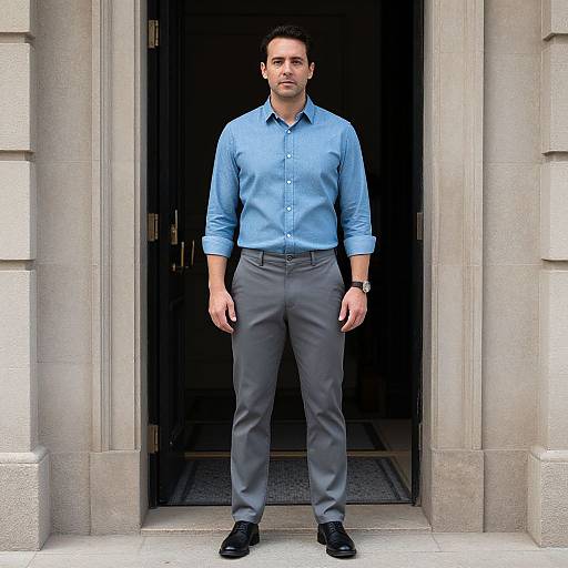 Man in Blue Shirt and Grey Chinos