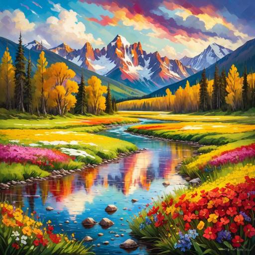 Vibrant Impressionist Landscape with Mountains