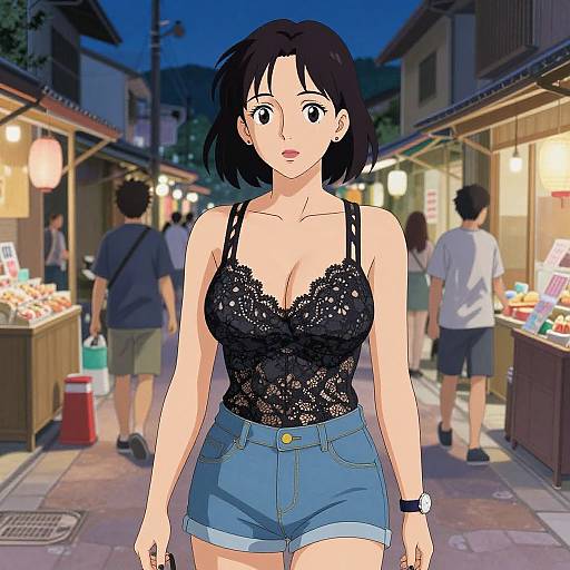 Anime-style digital drawing of a curvy woman with short black hair, wearing a lace black top and blue shorts, walking through a lively evening street market