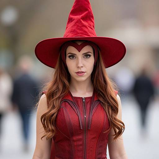 Photograph of a young woman with long brown hair, wearing a red witch hat and red corset dress, with a blurred urban background.