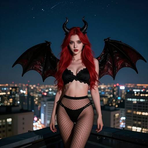 Photograph of a red-haired woman with black horns and wings, wearing black lace bra, fishnet stockings, and panties, standing on a rooftop at