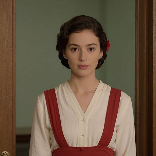 Photograph of a young woman with short, dark hair, wearing a white blouse and red suspenders, standing in a doorway, looking directly at the
