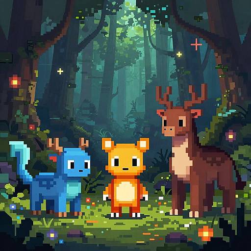 Pixel art forest scene with a blue pony, orange fox, and brown deer standing amid glowing mushrooms and trees, illuminated by soft moonlight.
