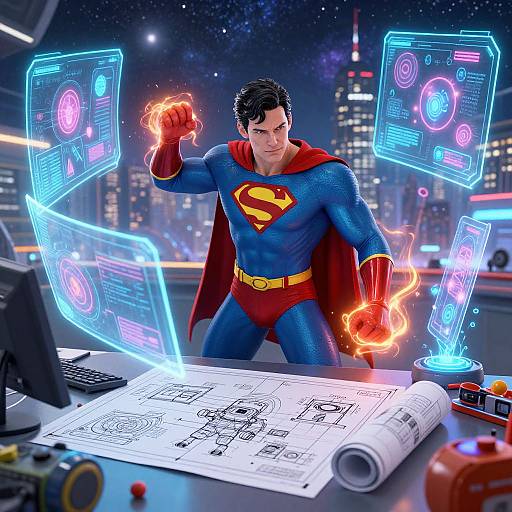 CGI image of Superman in blue suit, red cape, and yellow 