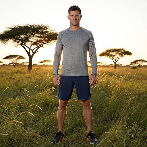 Man in Workout Gear at Savanna Sunset