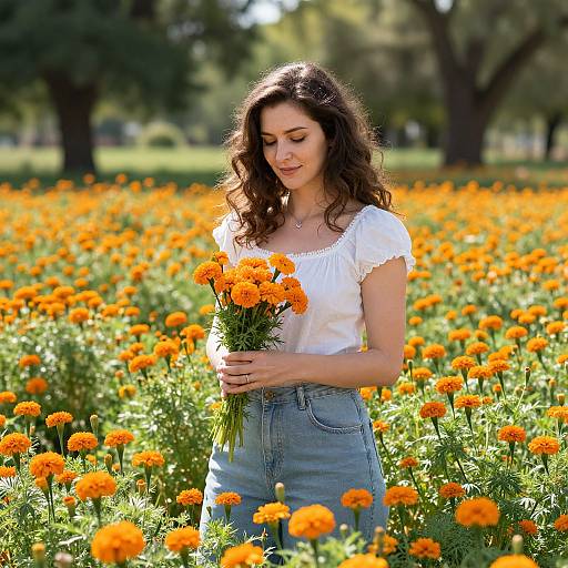 Photograph of a smiling woman with wavy brown hair, wearing a white blouse and blue jeans, holding orange marigolds in a sunlit field