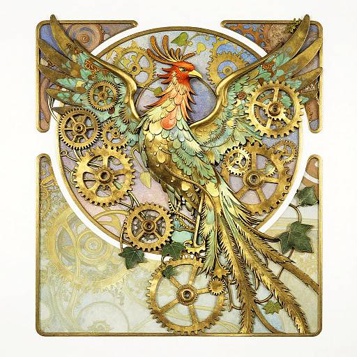 Art Nouveau Brass-Gear Celestial Phoenix