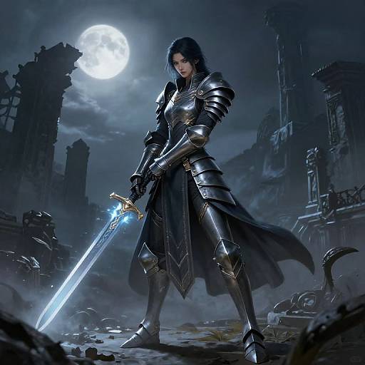 Digital fantasy artwork of a dark-haired, armored female warrior holding a glowing sword under a full moon, amidst ruined, gothic architecture.