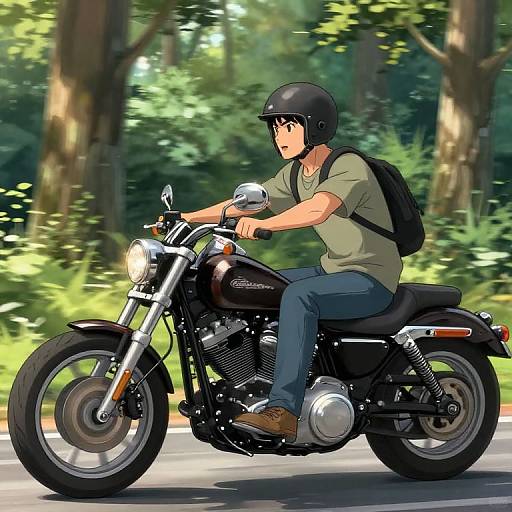 Digital anime-style drawing of a man in a black helmet, green shirt, blue jeans, and black backpack riding a black motorcycle through a sunlit forest