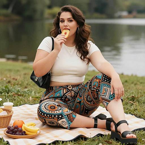 Photograph of a curvy woman with long brown hair, white crop top, and colorful patterned pants, eating a pastry by a lake. She