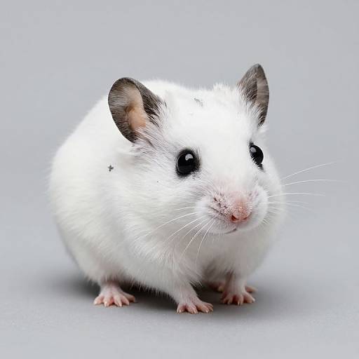 Photograph of a white, fluffy hamster with black ears, large black eyes, and pink nose, standing on a light gray surface.