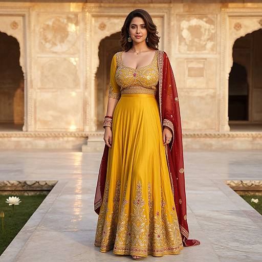 Photograph of a dark-haired woman in a yellow and red embroidered traditional Indian outfit, standing in a sunlit, ornate courtyard.