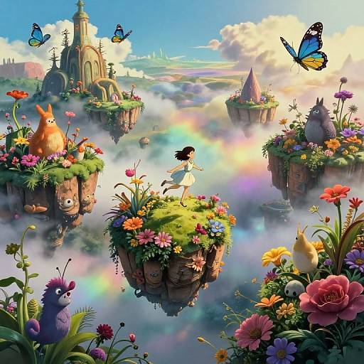 Whimsical digital painting of a magical floating garden landscape with colorful flowers, fantastical creatures, and a girl in a blue dress, surrounded by floating