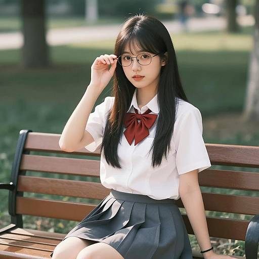 Asian Schoolgirl Sitting on Bench Adjusting Glasses