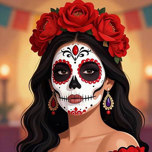 Digital artwork of a woman with black hair, red flower crown, white sugar skull face painted in red, wearing red earrings, in a warmly lit,