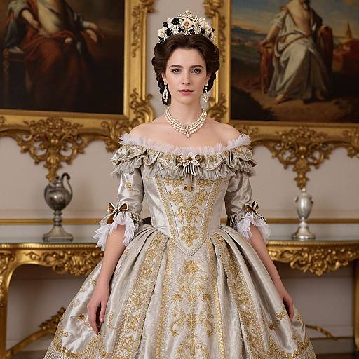 Photograph of a fair-skinned woman in an opulent, off-shoulder, silver and gold embroidered ball gown with intricate lace, wearing a