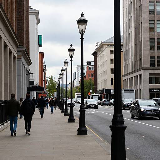 Classic Black Lampposts on Busy City Street