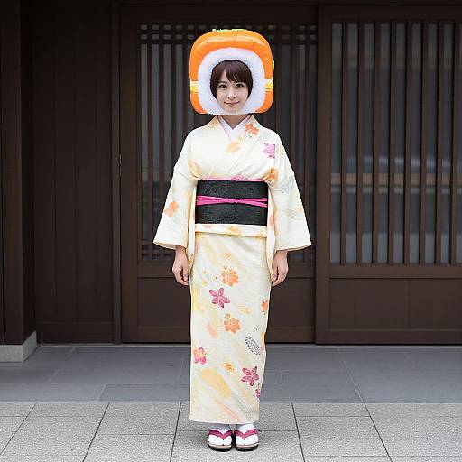 Photograph of a young Asian woman in a white floral kimono with black obi, wearing a bright orange and white inflatable fish hat, standing in