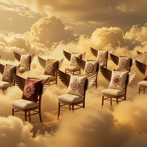 Photograph of ornate, winged chairs with decorative pillows floating among golden, cloud-filled sky at sunset, creating a surreal, heavenly scene.