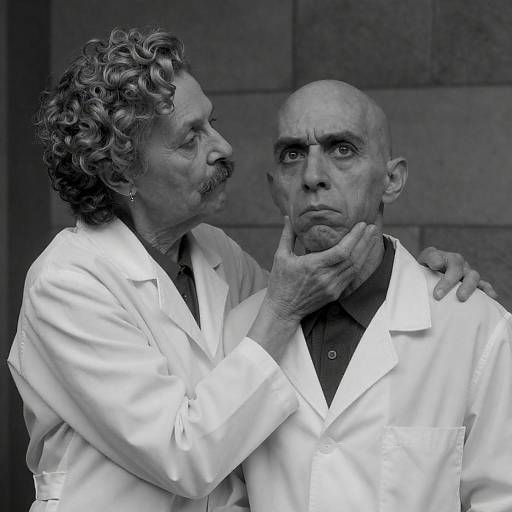 Older Scientist Holding Man's Face in Lab Coats