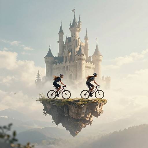 Digital art of two cyclists in silhouette, riding on a floating cliff with a majestic, sunlit castle in the background.