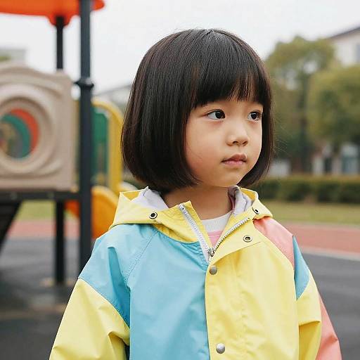 Child with Bob Cut in Colorful Raincoat at Playground