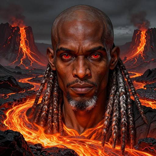 Digital artwork of a bald, dark-skinned man with red eyes and long braids, standing in a fiery volcanic landscape, surrounded by glowing lava.