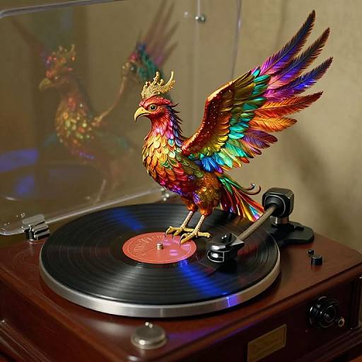 Colorful, metallic phoenix with rainbow feathers standing on a vinyl record player, reflecting in a clear glass cover. Photorealistic digital art.