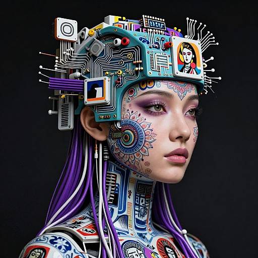 Digital artwork of a woman with cybernetic headgear, purple hair, and intricate circuit patterns on her face and body, against a black background.