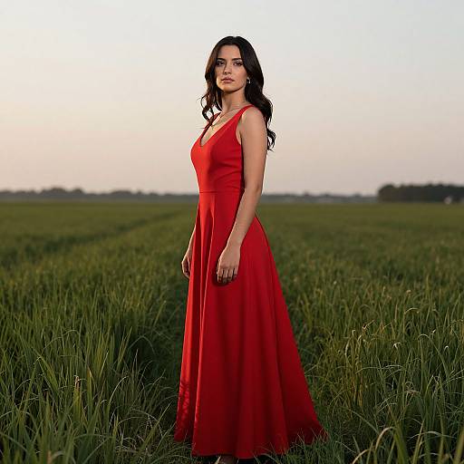 Woman in Red Dress in Field
