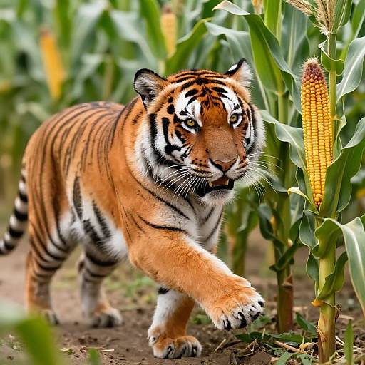 Fierce Tiger Protecting Corn Plant