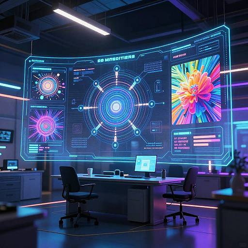 Neon-lit futuristic control room with glowing blue holographic screens, vibrant explosion graphic, and modern office desks with laptops.
