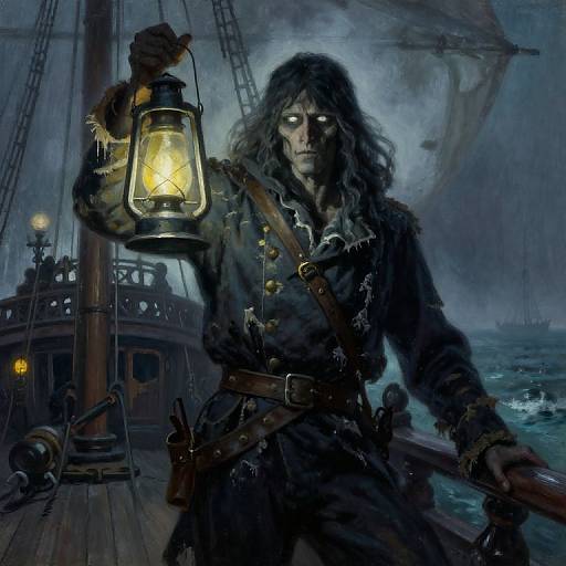 Digital painting of a grimy, long-haired pirate with glowing eyes, holding a lantern on a stormy ship deck at night.