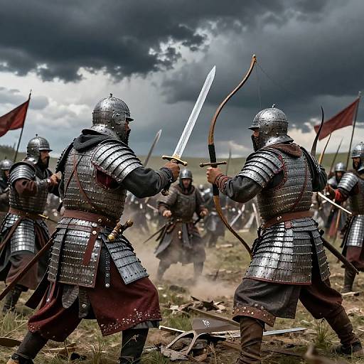 Photograph of medieval warriors in silver armor with helmets, clashing swords, under stormy sky, surrounded by fellow soldiers with red flags. Dust and