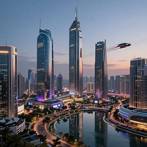 Photograph of a modern cityscape at dusk, featuring illuminated skyscrapers, a curved highway, and a reflective river, with a flying car in