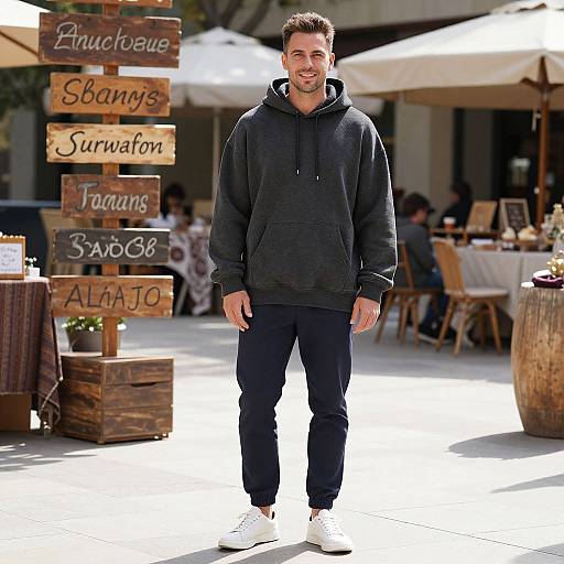 Photograph of a smiling man in a dark hoodie and black pants, standing outdoors near wooden signposts with restaurant names. Bright daylight, casual street setting