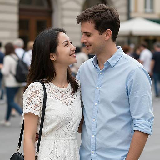 Photograph of a smiling couple, woman in white lace dress, man in light blue shirt, standing closely, blurred city background.