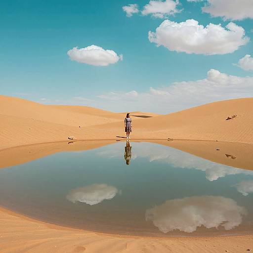 Photograph of a lone figure standing in a desert oasis, reflected in a clear water puddle, with sandy dunes and blue sky with white clouds