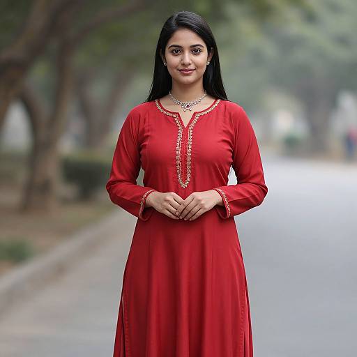 Photograph of a smiling South Asian woman with long black hair, wearing a red long-sleeve kurta with gold embroidery, standing on a tree
