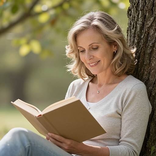 Photograph of a smiling blonde woman with wavy hair, wearing a white sweater and blue jeans, reading a book against a tree in a sunlit