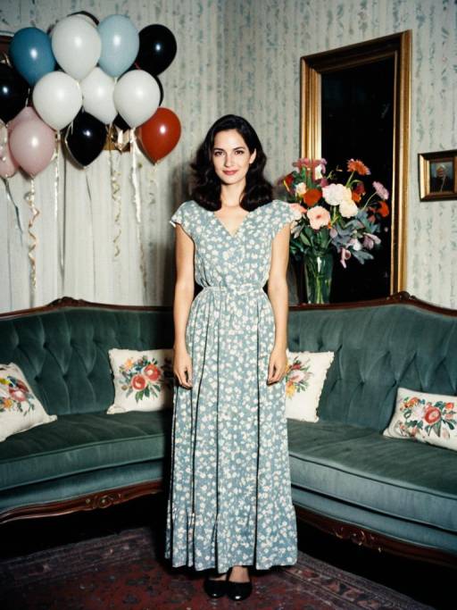 Woman in Floral Long Dress at Birthday Party