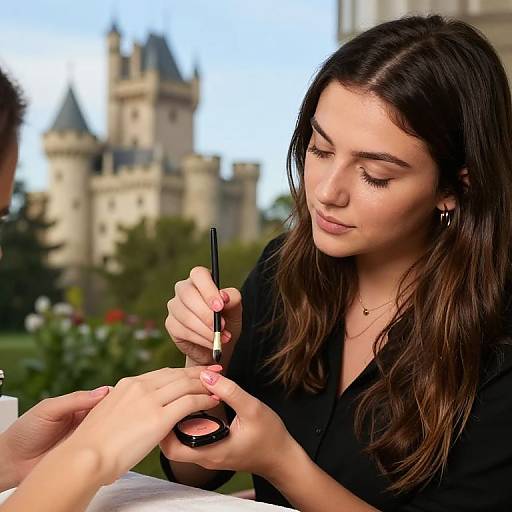 Photograph of a young woman with long brown hair, wearing a black top, applying eyeliner outside a castle with a blurred background.