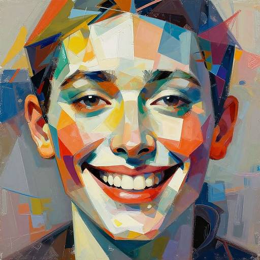 Vibrant, abstract digital portrait of a smiling young man with short dark hair, featuring bold, colorful geometric patterns and bright contrasts.