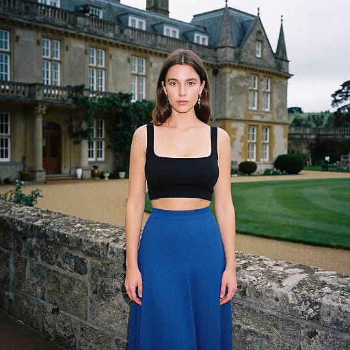 Photograph of a young woman with fair skin and brown hair, wearing a black crop top and blue skirt, standing in front of a historic stone mansion