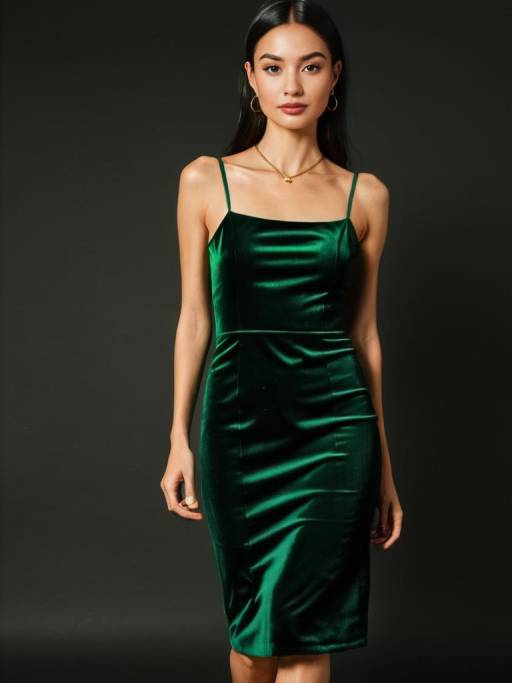 Elegant Woman in Velvet Green Midi Dress